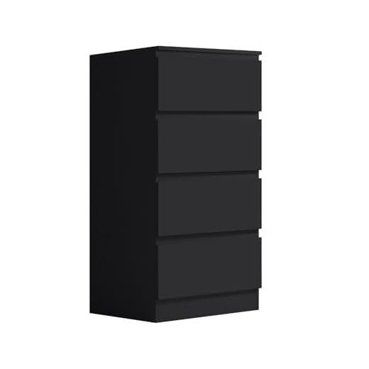 FWStyle Matt Black Modern Bedroom Furniture Chest of Drawers, Slim Tall 4 Drawer Chest - H99 X W40 X D40cm