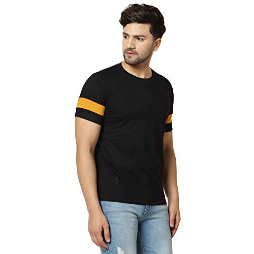 Image of London Hills Men's Half Sleeve 100% Pure Cotton Casual Round Neck with Stripe on Arm, Regular Fit Non-Shrinkable Multicolor T-Shirts