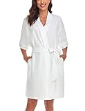 COLORFULLEAF Women's 100% Cotton Short Robes Summer Lightweight Kimono Robe Soft Spa Knit Bathrobe Sleepwear for Ladies(White,M)