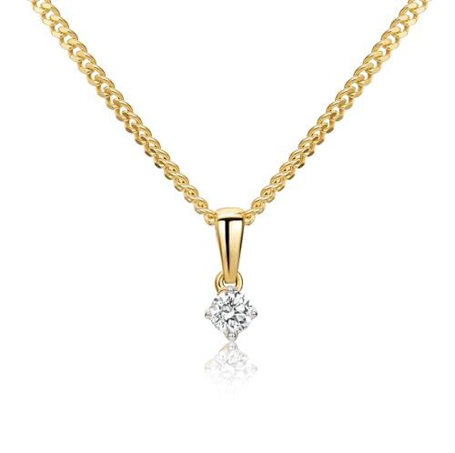 MIORE Collier Femme, Pendentif Solitaire, Or 9 Carats 375 Jaune, Diamant Rond 0.10 ct, Serti 4 Griffes, Maille Gourmette, 45 cm, Fermoir à Ressort, Bijoux...