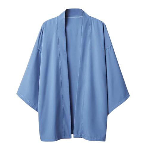 WaiYeeHei Men's Women's Unisex 3/4 Sleeve Kimono Yukata Haori Coat Tops Shirt Japanese Style Loose Retro Casual Plain Light Blue