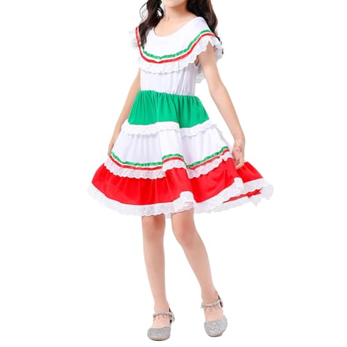 IKADEX Girls Mexican Dress Flounce Collar Rainbow Striped Cinco de Mayo Día de Muertos Dress3
