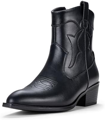 Vepose Women's 9816 Cowboy Boots Ankle Western Short Cowgirl Embroidered Round Toe Low Heel Booties with Side Zipper