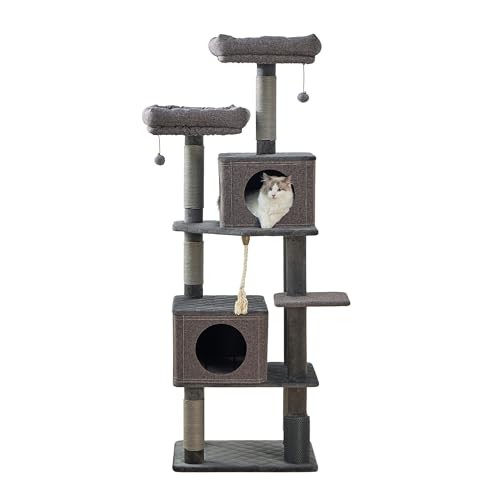 Catry Stella 7-Level 67.5” Linen & Quilted Velvet Cat Tree with Recycled Paper Scratchers, Two Condos, Removable Beds, Toys, Easy to Clean, Ideal for Large Cats and Multi-Cat Homes (Zinc Gray)