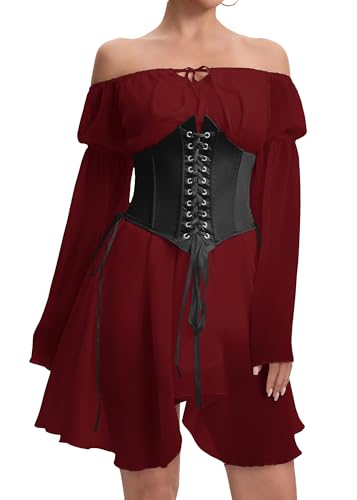 Image of Womens Corset Dresses Off Shoulder Bell Sleeve Casual Party Fairy Two Piece Outfits Bustier Dress