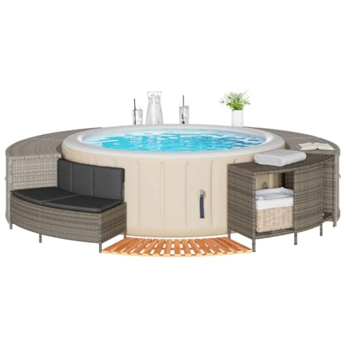 Gecheer Bordo per Spa Grigio in Polyrattan e Legno Massello di Acacia,Bordo,per Vasca,da Spa,Bordo per Vasca Idromassaggio da Giardino per Esterno,Bordo Spa,Bordo Piscina Mobili da Giardino,P365613