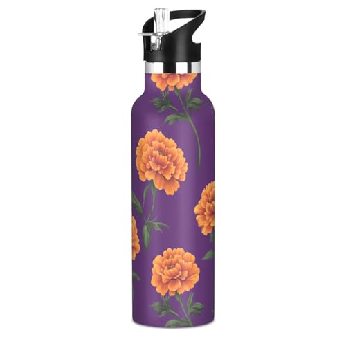 Botellas de agua de caléndula amarilla morada a prueba de fugas y sin BPA con asa, doble pared caliente y fría, para niños y niñas