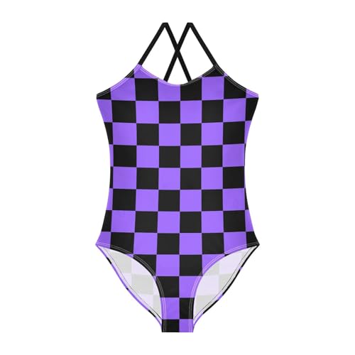 Image of Black and White Chess Girls One Piece Swimsuits Board Marble Tile Sport Halter Swimwear Beach Bathing Suit 3T