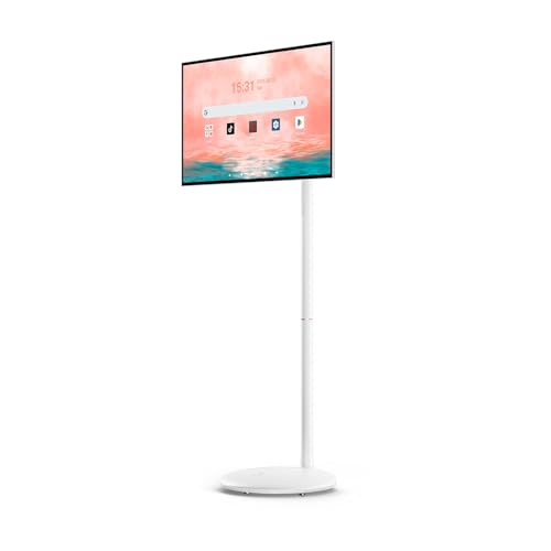 Image of SYLVOX 32 inch Portable Tablet on Wheels, Smart Touchscreen Monitor, Standbyme-Style, Android 14, 10,000mAh Battery (4-5H), 1080P, 8GB RAM 128GB Storage, Full Swivel, Google Play, White