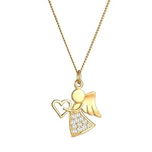 Dameshalsketting met engelenhart-symbool, bezet met zirkonia-kristallen, talisman zilveren ketting 925 sterling zilver verguld, gouden ketting met beschermengel voor vrouwen en meisjes, lengte 45 cm, Sterling zilver, Zirkonia
