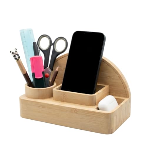 CIALESS Harmony Desk Organizer in bambù naturale 100%, Porta smartphone, penne, accessori da ufficio, Organizer scrivania minimal, Design elegante e sostenibile