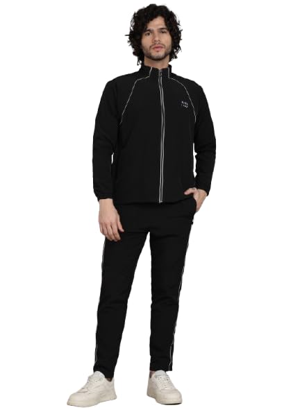 Men's Black Tracksuit with White Piping, Full-Zip Jacket and Track Pants Set (IN, Alpha, L, Regular)-image-30