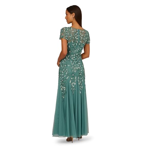 Image of Adrianna Papell Women's Beaded Gown with Godets - Floor Length Gown with Floral Embellishments & Cap Sleeves