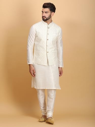 Image of Ethluxis Men Silk Blend Kurta Jacket Set with Mandarin Collar