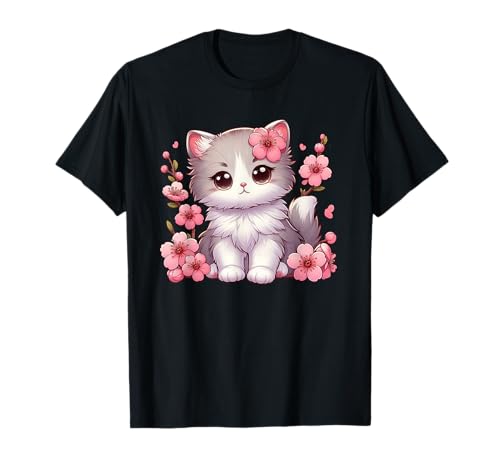 Chat Mignon avec Fleurs de Cerisier Dessin animé Dessin animé T-Shirt