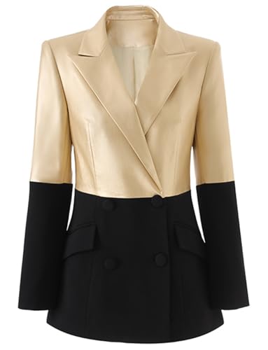 Blazer en cuir femme veste costume bicolore chic revers pointe pour soirée