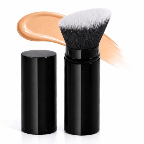 Brocha de Maquillaje Kabuki Retráctil con Cabezal Plano, Color Negro, para Base, Colorete, Polvos, Iluminador y Productos Líquidos o en Crema, Cerdas Suaves, Formato Compacto de Viaje