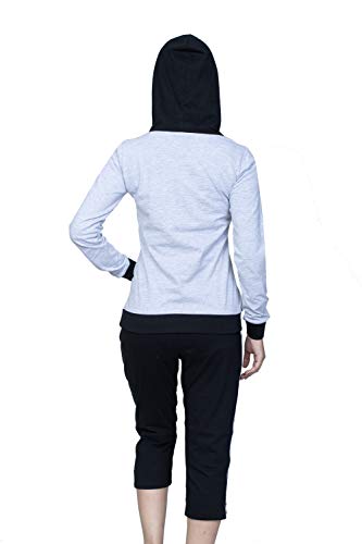 Image of Women's Embroidered /Printed Cotton Hooded Full Sleeve Grey Top and Black Capri Set (Medium)
