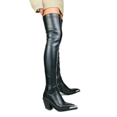 HiColor Womem's Pointed Toe Fashion Thick Heels Thigh High Boots Ladies Elastic Side Zippers Long Boots4