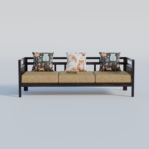 Image of Solid Sheesham Wood 5 Seater Sofa Set Without Centre Table for Living Room | Wooden 3+1+1 Five Seater Sofa Set with 5 Cushions | Modern Sofa Set for Home, Office & Lounge|Cream, Walnut Finish