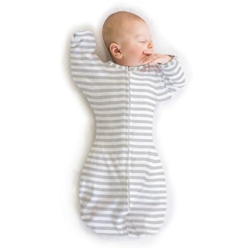 Image of SwaddleDesigns Transitional Swaddle Sack, Arms Up Half-Length Sleeves & Mitten Cuffs, Swaddle for Newborn Transition to Baby Sleep Sack Wearable Blanket, 0-3 Month, 6-14 lb, Heathered Gray Stripes