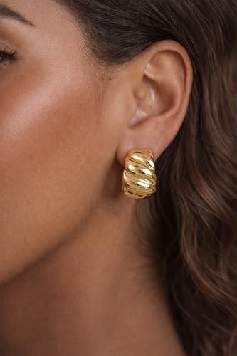 Image of Chunky Gold Hoop Earrings for Women, 14k Gold Plated Thick Triple Hoop Earrings Hypoallergenic Trendy Chunky Gold Hoops Earrings Dainty Jewelry Gifts for Women