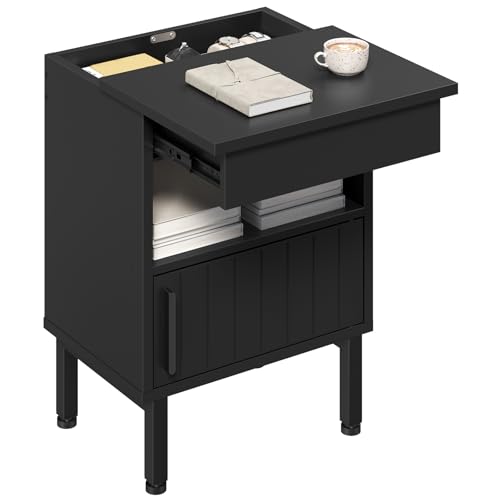 YATINEY Nightstand with Gun Drawer Bedside Table with Hidden Compartment End Table with Storage Night Stand for Bedroom Office Black ET22BB