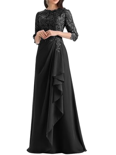 Women's Mother of The Bride Dresses for Wedding Long Formal Dresses with Sleeves Ruched Chiffon Evening Gowns