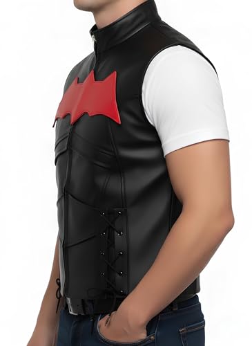 Image of Black Hood Bat Jacket and Vest - Red Hooded Leather Jacket 2 in 1