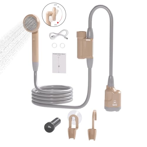 wower Upgrade Portable Shower Camping Shower [Long-Lasting] IPX8 Waterproof Outdoor Shower Kit, 2 Mode Rechargeable Travel Shower with Intelligent LED Display for Hiking,Car,Pet,Beach,Picnic (Khaki)