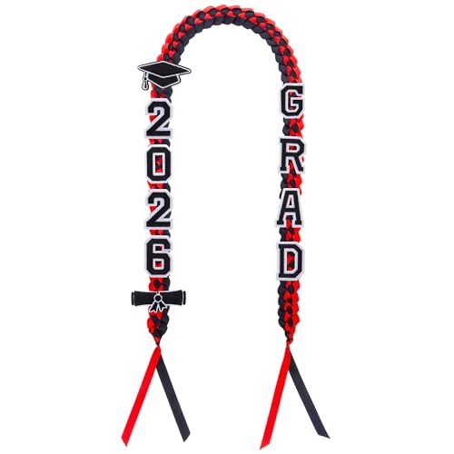 Graduation Leis 2026 Graduation Lei Class of 2026 Ribbon Lei Set Braided Grad Necklace With Embroidery Patches For School College Bachelor Master Doctor Graduation Gift Party Supplies (Black & Red)