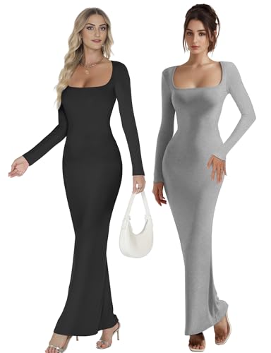 Buauty Women's Bodycon Maxi Dresses, Ribbed Square Neck Long Dress, Fall Long Sleeve Lounge Dress for Women4