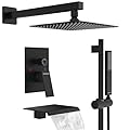 EMBATHER Shower System with Tub Spout, 10 Inch Rain Shower Head with Long Hose and Slide Bar, Wall Mounted Shower Faucet Set with Adjustable Height Shower Head, Matte Black