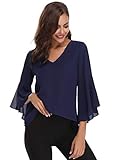 [page_title]-Damen Chiffon Bluse 3/4 Arm Tunika Blusen V Ausschnitt Leicht Asymmetrisch Shirt mit Volant Trompetenärmeln,Navyblau,L