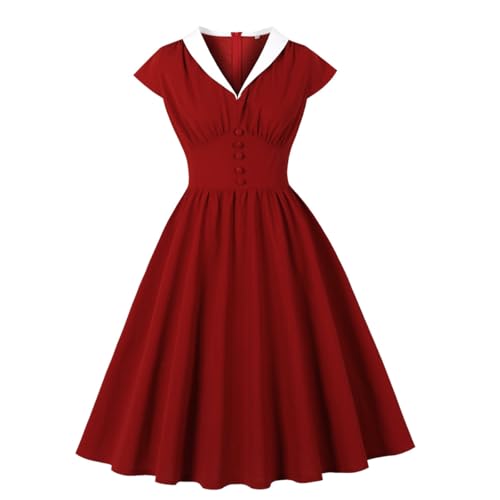 Wellwits Womens Shawl Collar Button Decor Vintage Formal Work Dress Cocktail Red M