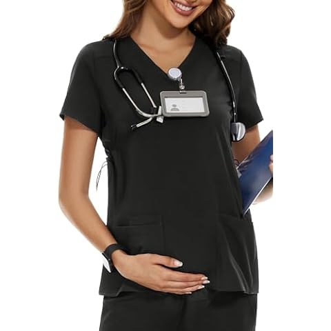 PACBREEZE Women's Maternity Scrub Top/Shirt V-Neck Workwear Medical Pregnancy Scrub Clothes, S-XXL (Black, Medium) Cover