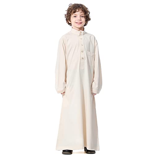 IMEKIS Kids Boys Muslim Thobe Long Sleeve Islamic Arabic Kaftan Robe Middle East Dubai Prayer Clothes with Pocket2