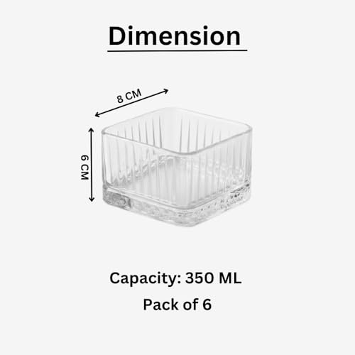 Image of Glassbunny Glass Bowl Set of 6 Clear Serving Bowls for Snacks, Ice Cream, Salads Elegant Glass Tableware for Kitchen & Dining, Square Dessert Bowls Transparent Striped 350ML