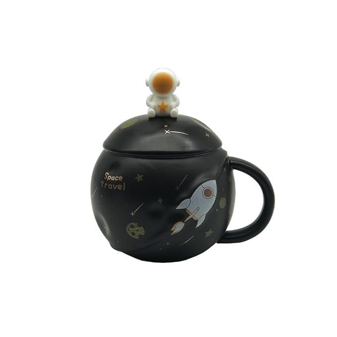 Image of NOSCOMP Astronaut Coffee Mug with Lid & Spoon| Space Travel Ceramic Coffee Mug with Astronaut Lid, Available in Blue, Pink and Black (Pink&Black)