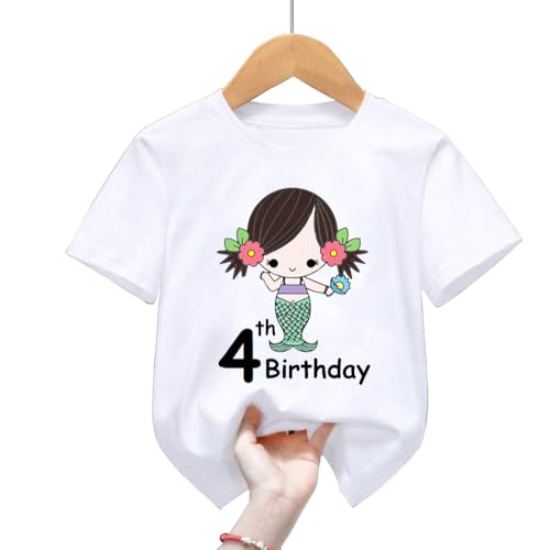 4th Birthday Shirt for Girls, 4th Birthday Dress for Girls, 4th Birthday T Shirt for Girls 4 Year Old Birthday Gift for Girls 4th Birthday Decoration Mermaid Sketch Birthday Clothes for Girls White