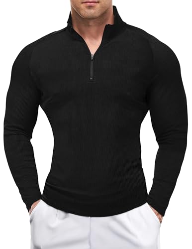 JMIERR Mens 1/4 Zip Casual T-Shirt Muscle Quick Dry Moisture Wicking Long Sleeve Ribbed Athletic Workout Tees