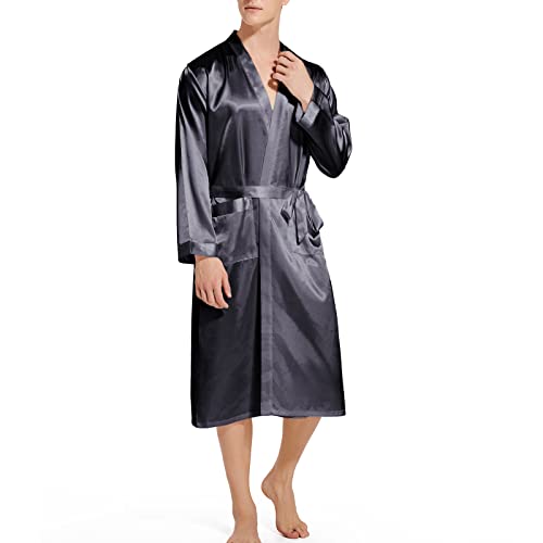 Image of ZUEVI Men's Kimono Robe Silk Satin Long Sleeve Spa Bathrobe Lightweight Soft Silky Pajamas Robes