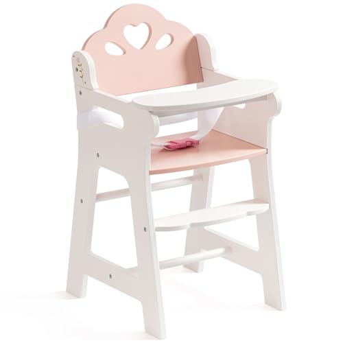 Image of ROBOTIME Baby Doll High Chair, Pretend Play High Chair with Safety Belt and Footrest, Wooden Baby Doll Accessories, Doll Furniture Fits 18-20 Inch Dolls, Gift for Ages 3+ (White)