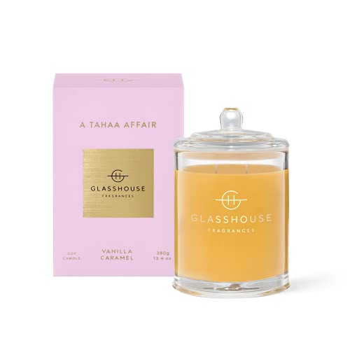 Glasshouse Fragrances A Tahaa Affair Candle, Triple Scented Natural Soy Wax Blend, 2 Wicks & Glass Jar, 65 Hour Burn Time, Vanilla Caramel, 13.4 Oz (380g)