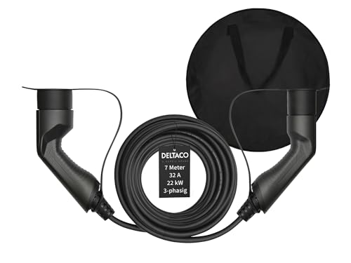 DELTACO Typ 2 EV-Ladekabel für E-Autos & Hybrid Fahrzeuge inkl. Tasche, Elektroauto Charge Mennekes Kabel, Kompatibel mit ID.3, ID.4, Zoe, E-Tron, Model S/3/X/Y, Leaf, 3-phasig, 32A | 22kW, 7 Meter