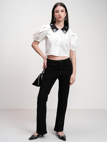 Image of Tokyo Talkies Women's Pointed Collar Puff Sleeves Casual Top | Stylish & Comfortable | Perfect for Everyday Wear | Tops for Woman | Women Tops | Stylish Top
