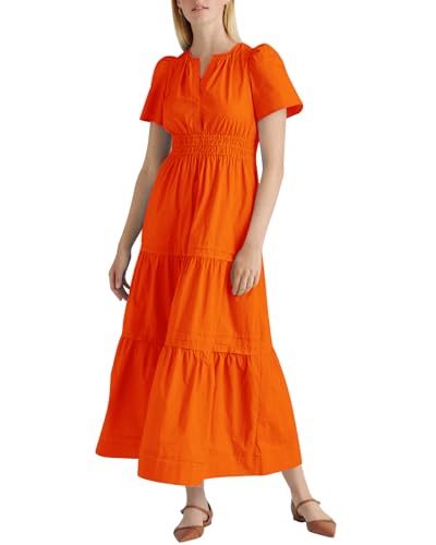 Women's Tiered Cotton Short Sleeve Maxi Dress Swing A Line Loose Flowy Long Dress
