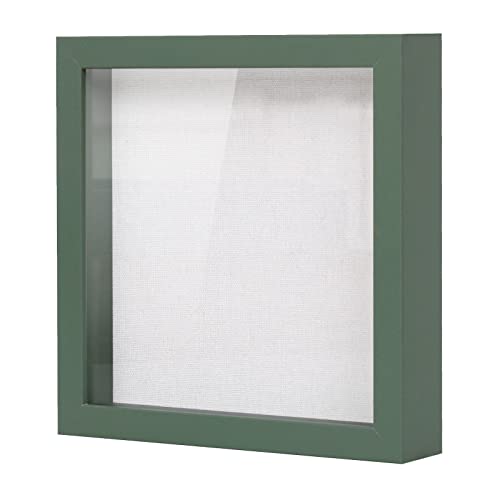 Image of Muzilife 8x8 Shadow Box Picture Frame with Linen Board - Deep Wood & Glass Display Rustic Case Ready to Hang Memorabilia, Pins, Awards, Medals, Wedding, Tickets, and Photos, Green