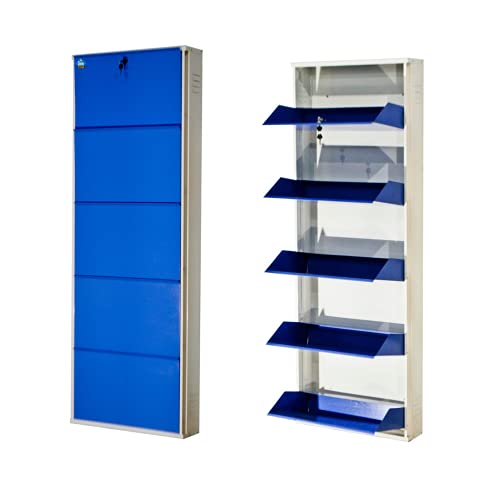 Image of DELITE KOM 24 Inch Wide, 5 Shelf Metal Shoe Rack Wall Mounted for Home with Central Lock Holds Upto 15 Shoes or 25 Slippers Pair | 1 Year Warranty | (67 x 24 x 5 Inch, Ivory Blue) DIY Space Saving