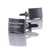 aplusashop ID Manschettenknöpfe Schwarz + Gravur nach Wunsch Edelstahl, Hochzeit, Business mit Box (Mit Gravur)